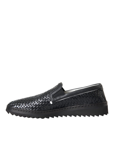 Black Woven Buffalo Leather Men Loafers Shoes