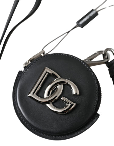 Black Round Leather DG Logo Coin Purse Lanyard Wallet