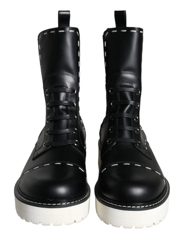 Black Leather Combat Mid Calf Boots Shoes