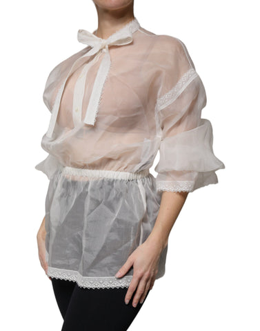 White Ascot Collar Long Sleeves Blouse Top
