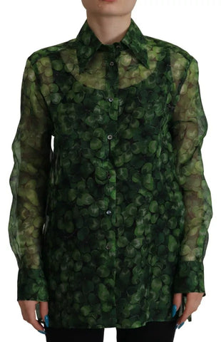 Green Clover Print Long Sleeves Collared Top Blouse