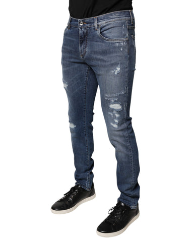 Blue Tattered Cotton Stretch Skinny Denim Jeans