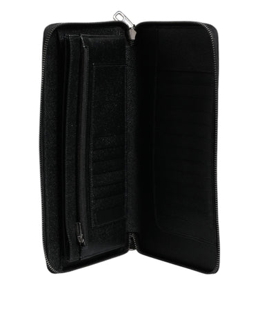 Black Calfskin Leather Logo Zip Around Continental Wallet