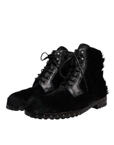 Black Pony Style Leather Mid Calf Boots Shoes