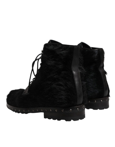 Black Pony Style Leather Mid Calf Boots Shoes