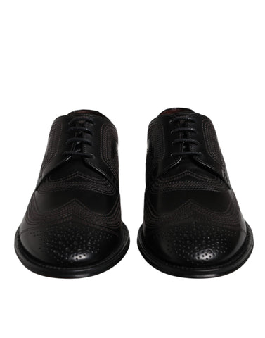 Black Embroidered Classic Leather Derby Dress Shoes