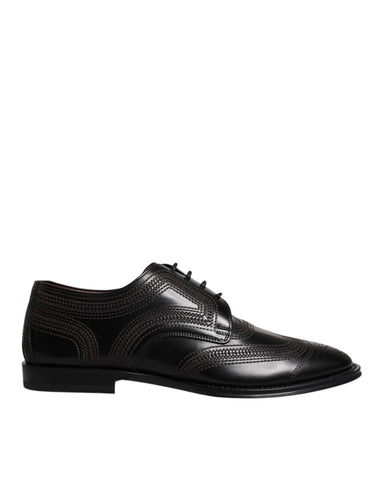 Black Embroidered Classic Leather Derby Dress Shoes