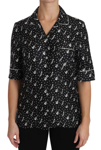 Black GuitarTrumpet Print Silk Shirt Top