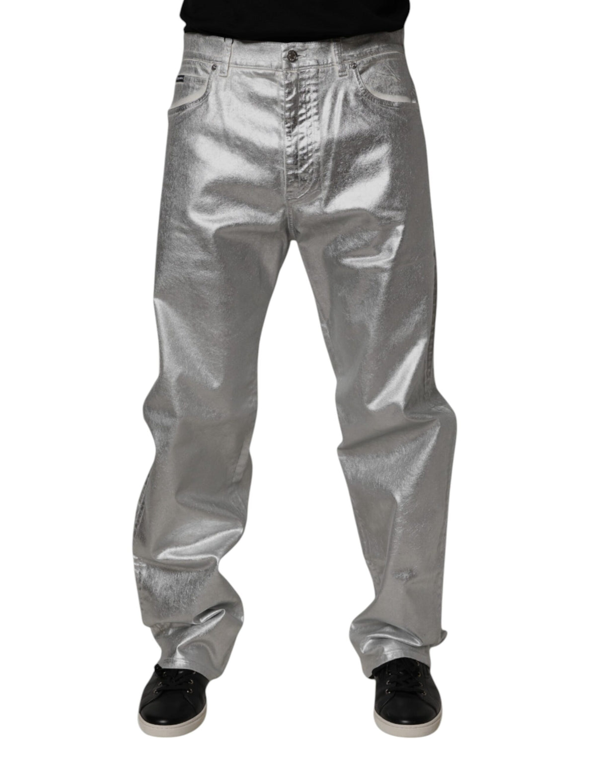 Metallic Silver Cotton Straight Denim Jeans