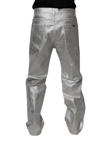 Metallic Silver Cotton Straight Denim Jeans