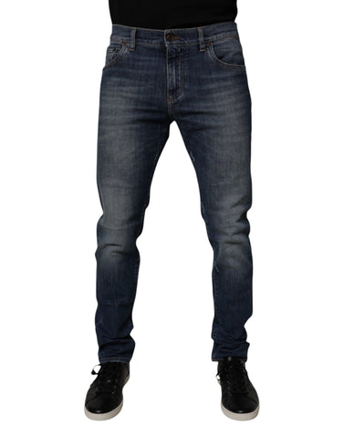 Dark Blue Cotton Leather Skinny Denim Jeans