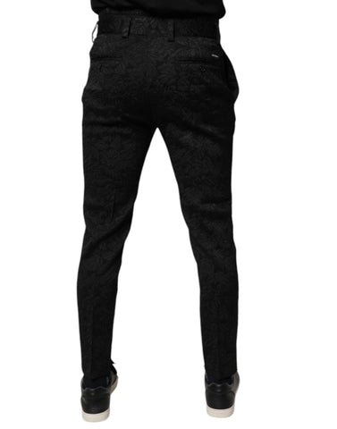Black Brocade Polyester Skinny Dress Pants