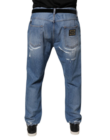 Blue Tattered Straight Cotton Denim Jeans