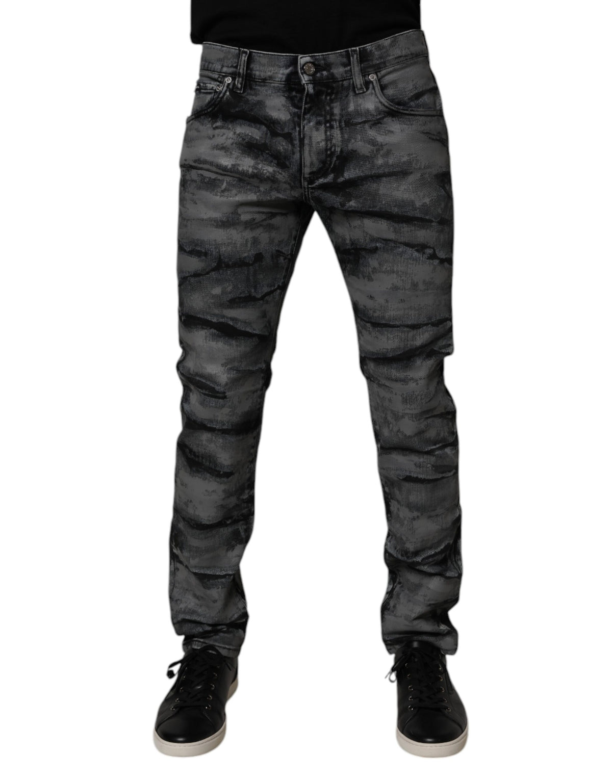 Gray Tie Dye Cotton Skinny Men Denim Jeans