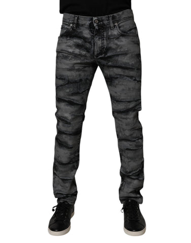 Gray Tie Dye Cotton Skinny Men Denim Jeans