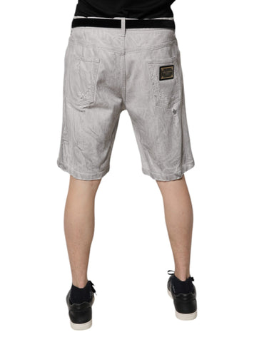Light Gray Tattered Men Denim Bermuda Shorts