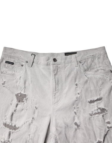 Light Gray Tattered Men Denim Bermuda Shorts