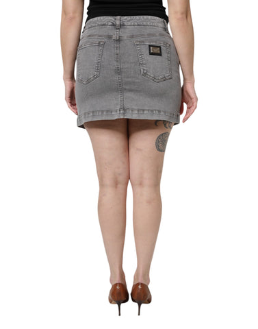 Gray Cotton Stretch Mid Waist Denim Mini Skirt