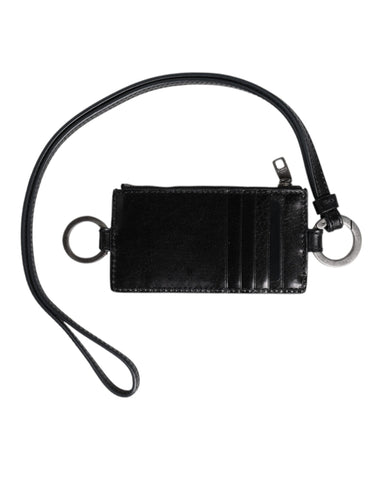 Black Leather Logo Embossed Lanyard Card Holder Wallet