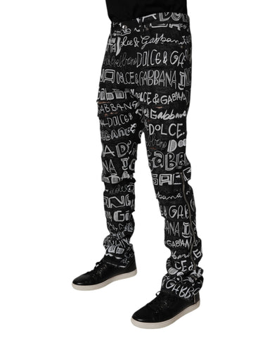Black Cotton Logo Print Straight Denim Jeans
