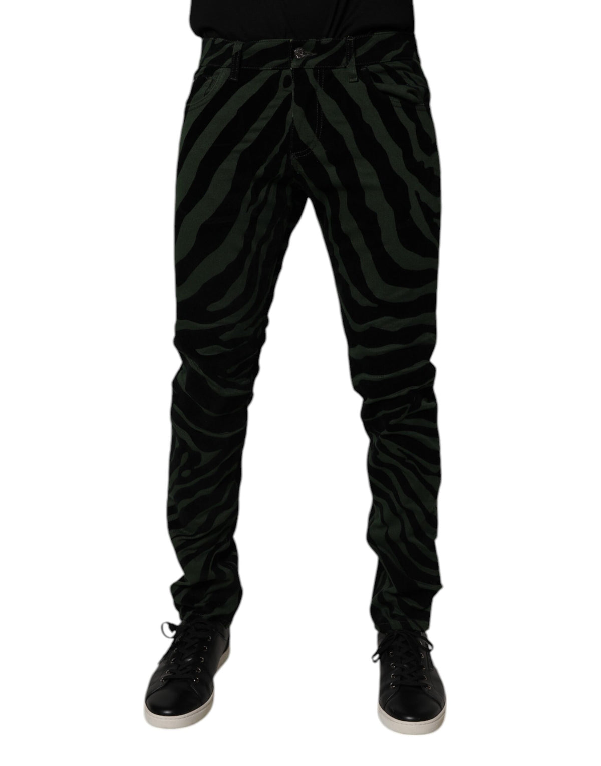 Black Green Stripes Cotton Skinny Denim Jeans