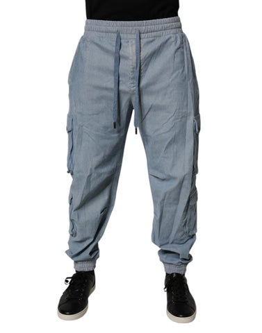 Light Blue Cotton Jogger Cargo Men Denim Pants