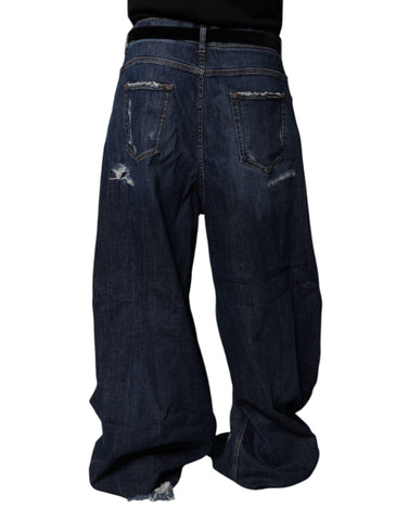 Dark Blue Tattered Wide Leg Men Denim Jeans