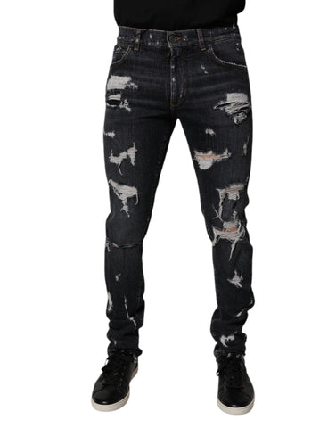 Black Tattered Cotton Skinny Men Denim Jeans