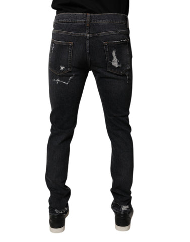 Black Tattered Cotton Skinny Men Denim Jeans