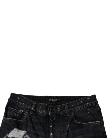 Black Tattered Cotton Skinny Men Denim Jeans