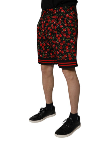 Black Red Cherry Print Bermuda Cotton Shorts