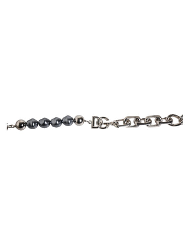 Silver Tone Chain Lobster Clasp Logo Gray Pearls Bracelet