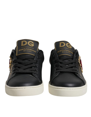 Black Leather Gold Red Heart Sneakers Shoes