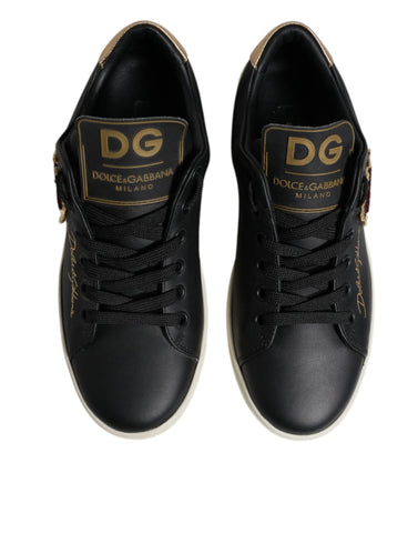 Black Leather Gold Red Heart Sneakers Shoes