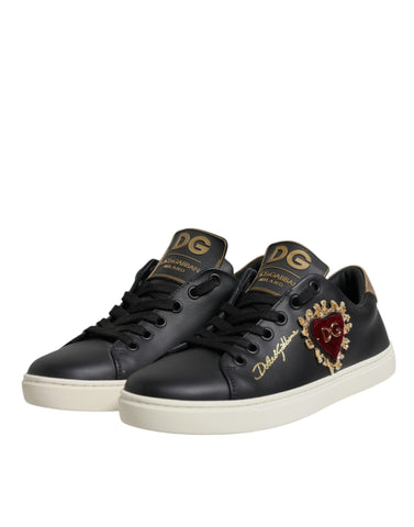 Black Leather Gold Red Heart Sneakers Shoes