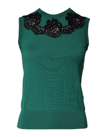Green Wool Lace Detail Sleeveless Tank Top