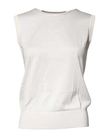 Cream Sleeveless Silk Round Neck Tank Top
