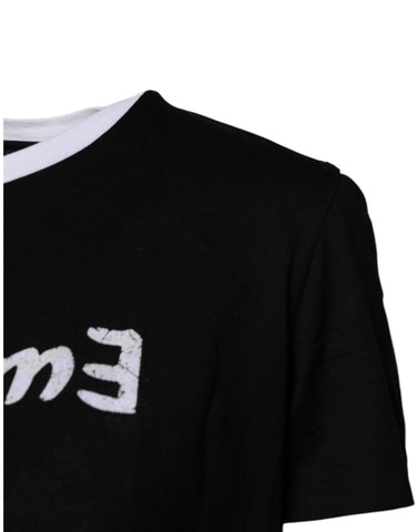 Black Printed Round Neck Top Cotton T-shirt