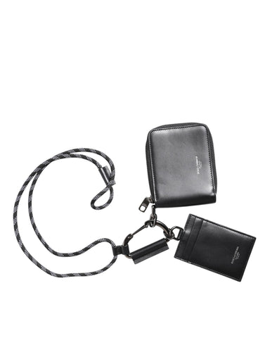 Black Leather Lanyard Zip Around Card Holder Wallet