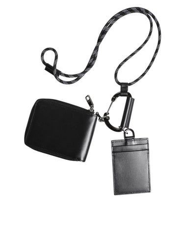 Black Leather Lanyard Zip Around Card Holder Wallet