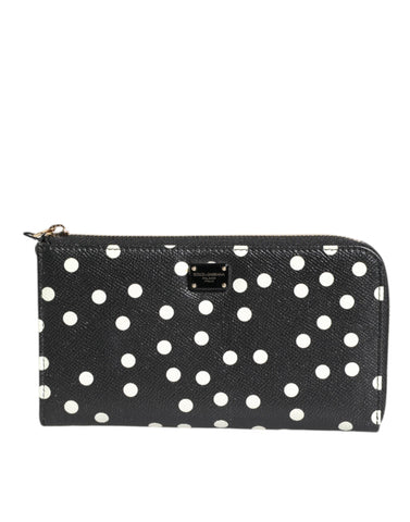 Black White Dotted Leather Zip Around Continental Wallet