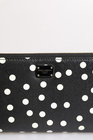 Black White Dotted Leather Zip Around Continental Wallet