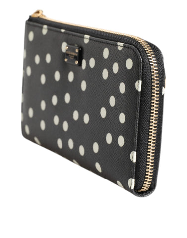 Black White Dotted Leather Zip Around Continental Wallet