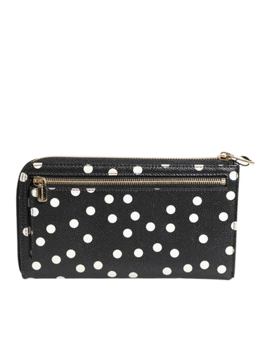 Black White Dotted Leather Zip Around Continental Wallet