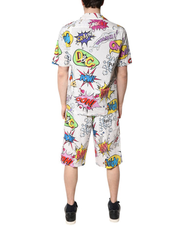 White Cartoon Print Cotton Men Pajama Set Sleepwear