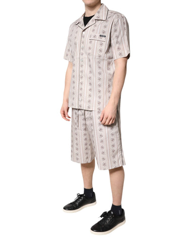 Beige Floral Print Cotton Men Pajama Set Sleepwear