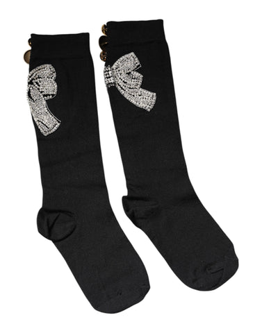 Black Knit Floral Crystal Embellishment Socks