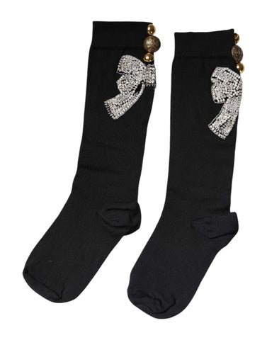 Black Knit Floral Crystal Embellishment Socks