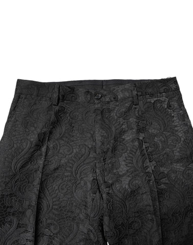 Black Floral Jacquard Mid Waist Dress Pants