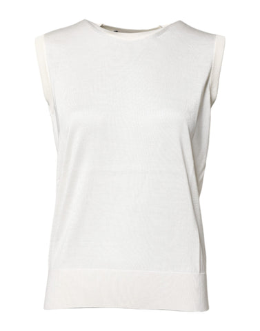White Silk Round Neck Sleeveless Tank Top